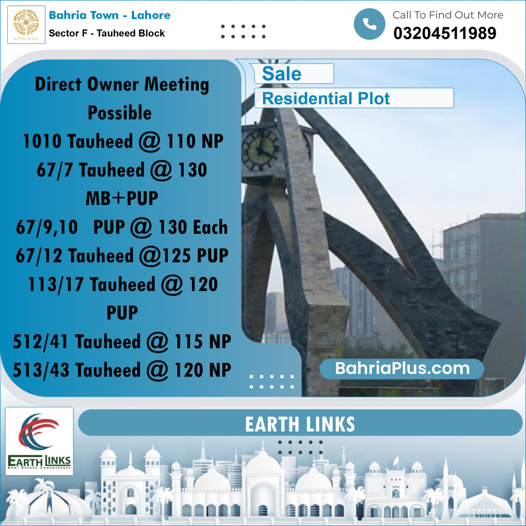 10 Marla Residential Plot for Sale in Sector F - Tauheed Block -  Bahria Town, Lahore - (BP-264936)
