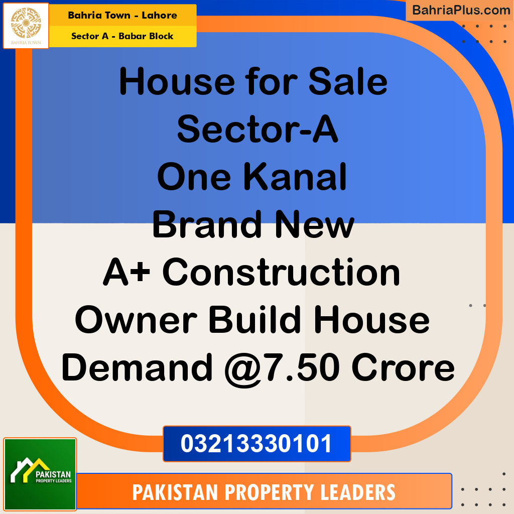 1 Kanal Residential House for Sale in Sector A - Babar Block -  Bahria Town, Lahore - (BP-264955)