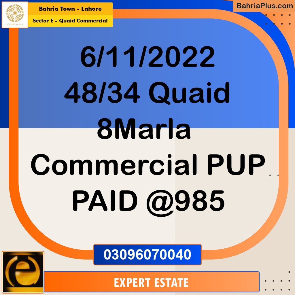 8 Marla Commercial Plot for Sale in Sector E - Quaid Commercial -  Bahria Town, Lahore - (BP-264970)