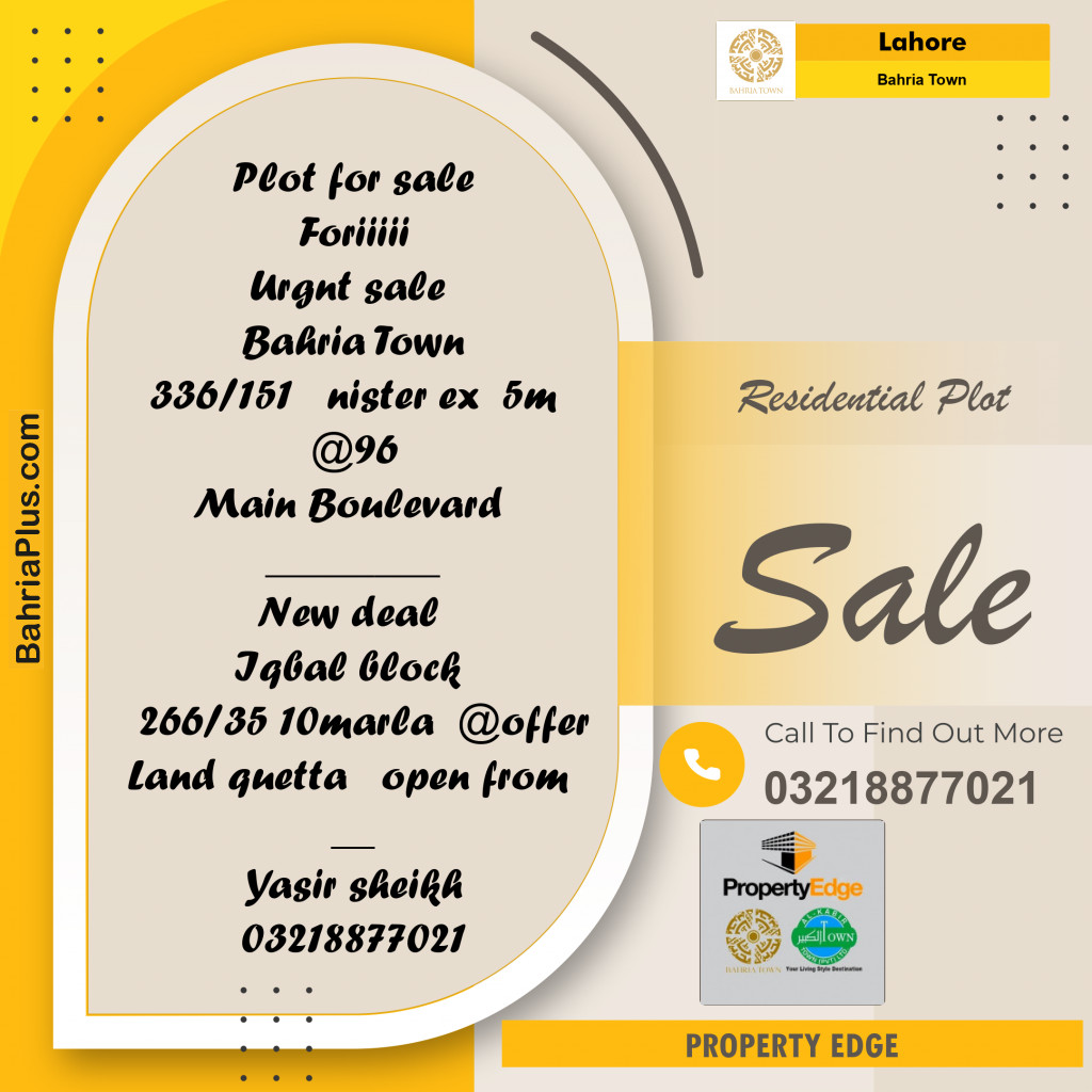 Residential Plot for Sale in Bahria Town, Lahore - (BP-265092)