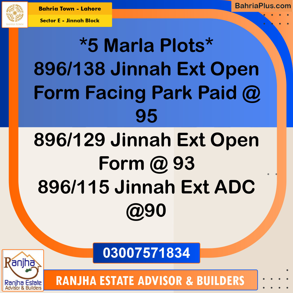 5 Marla Residential Plot for Sale in Sector E - Jinnah Block -  Bahria Town, Lahore - (BP-265225)