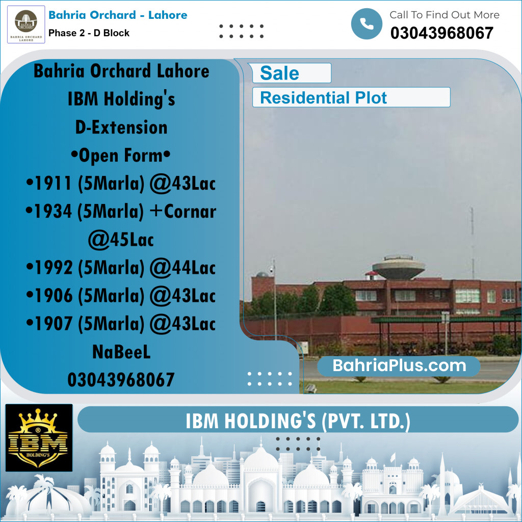 5 Marla Residential Plot for Sale in Phase 2 - D Block -  Bahria Orchard, Lahore - (BP-265259)