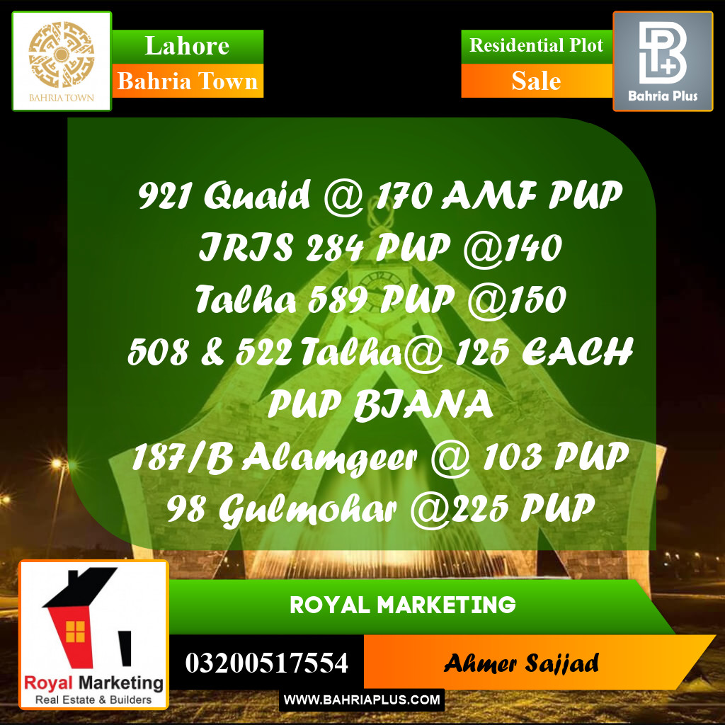 Residential Plot for Sale in Bahria Town, Lahore - (BP-265293)