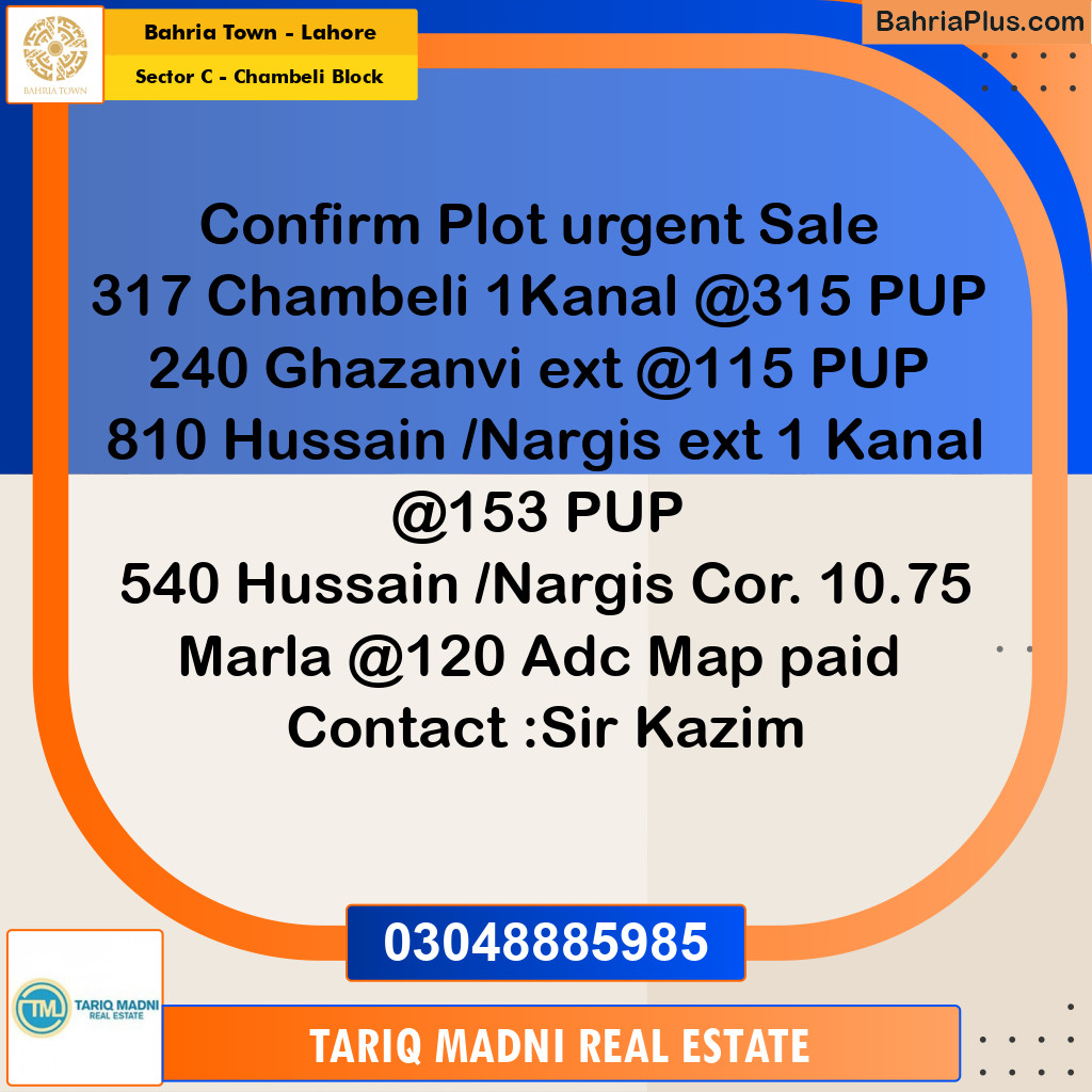 1 Kanal Residential Plot for Sale in Sector C - Chambeli Block -  Bahria Town, Lahore - (BP-265468)