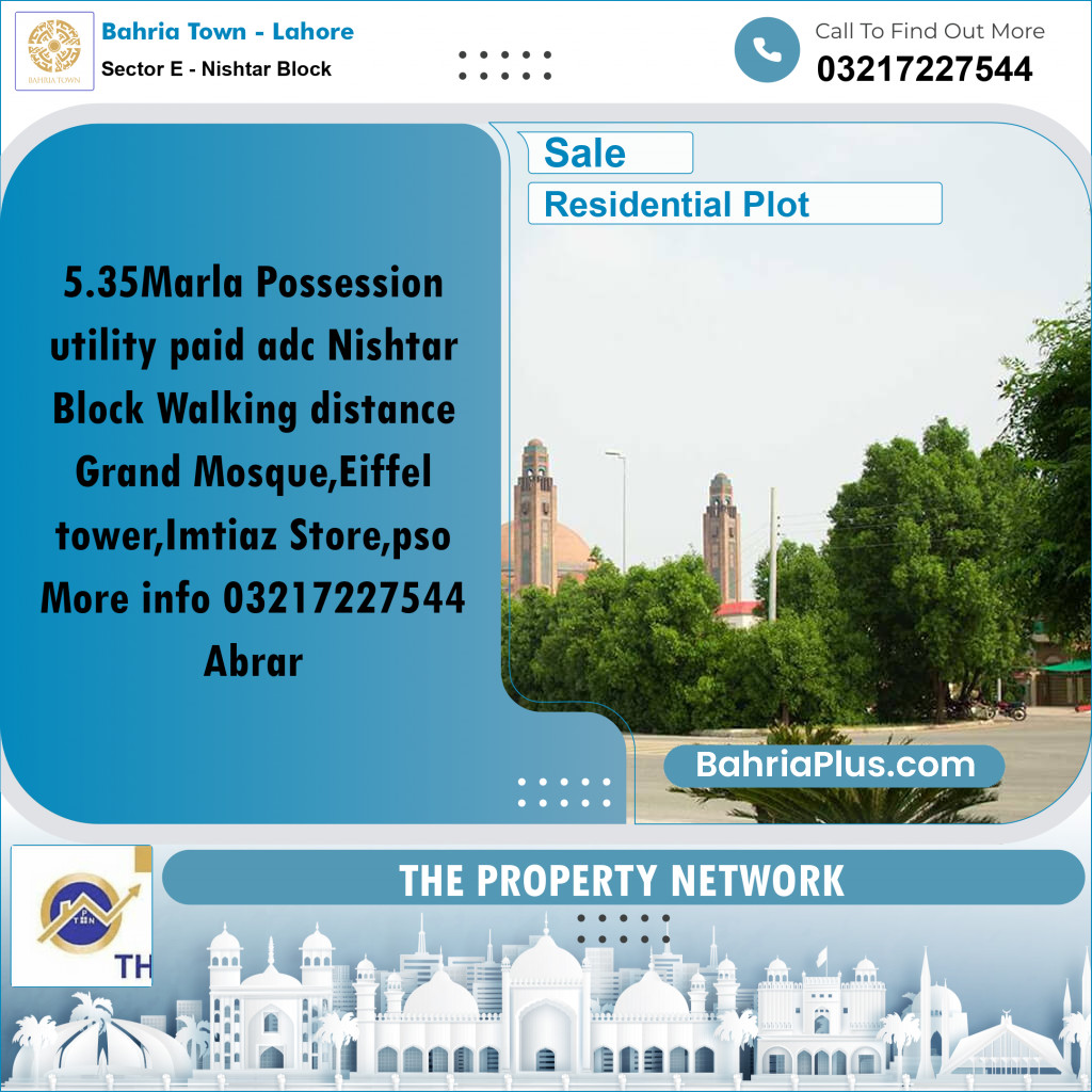 5.35 Marla Residential Plot for Sale in Sector E - Nishtar Block -  Bahria Town, Lahore - (BP-265592)