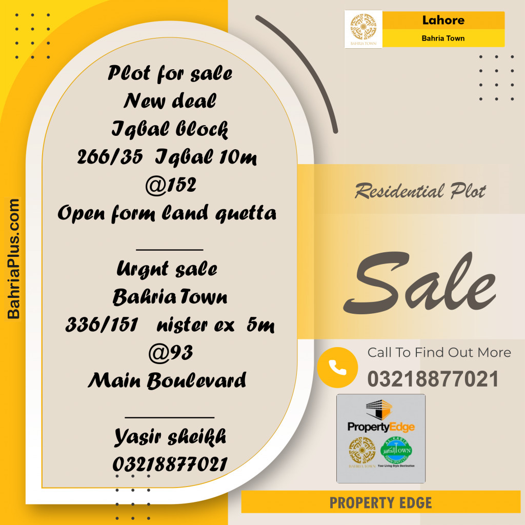 Residential Plot for Sale in Bahria Town, Lahore - (BP-265631)