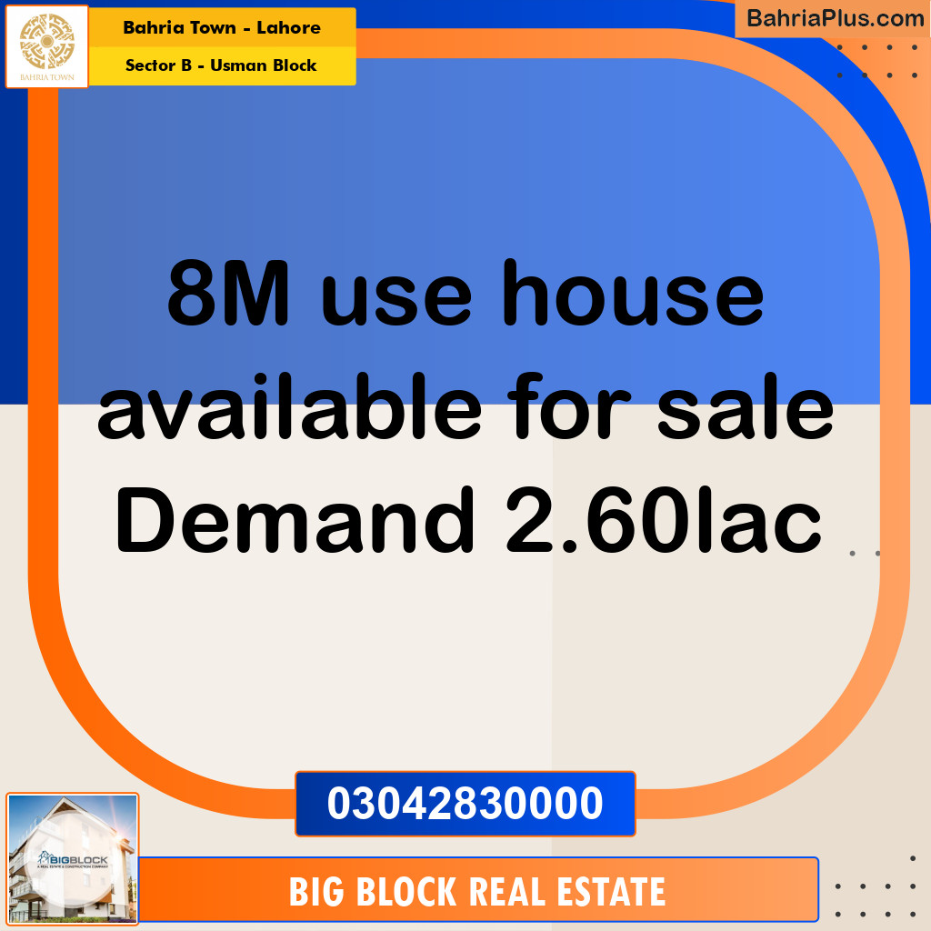 8 Marla Residential House for Sale in Sector B - Usman Block -  Bahria Town, Lahore - (BP-265678)