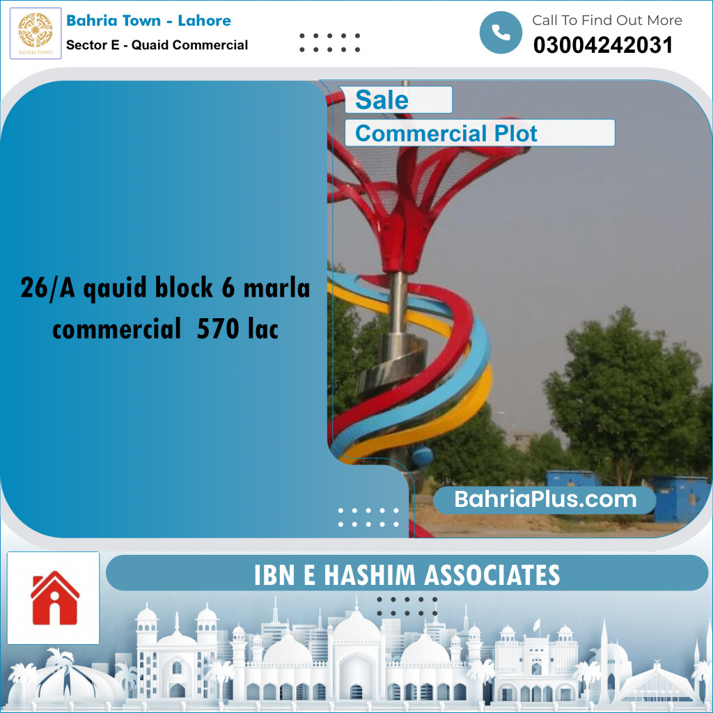 6 Marla Commercial Plot for Sale in Sector E - Quaid Commercial -  Bahria Town, Lahore - (BP-265787)