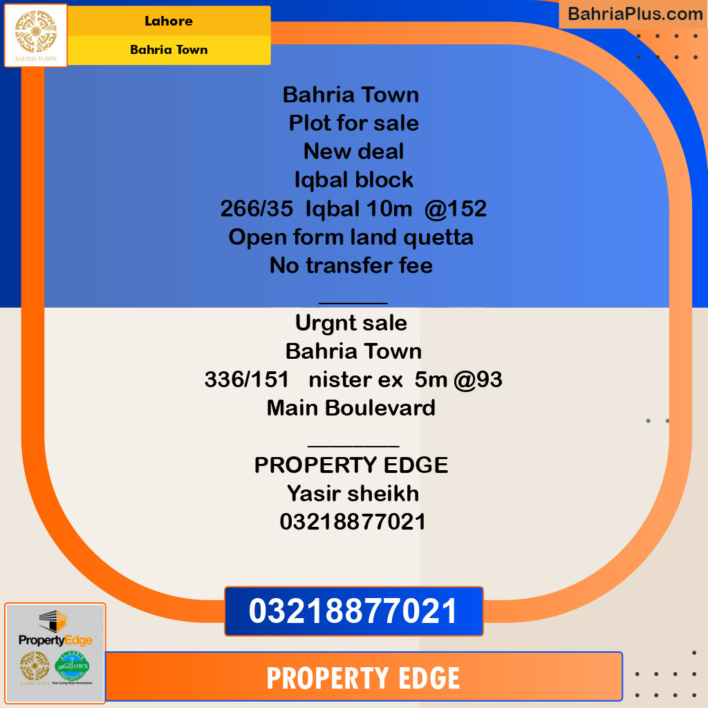 Residential Plot for Sale in Bahria Town, Lahore - (BP-265973)