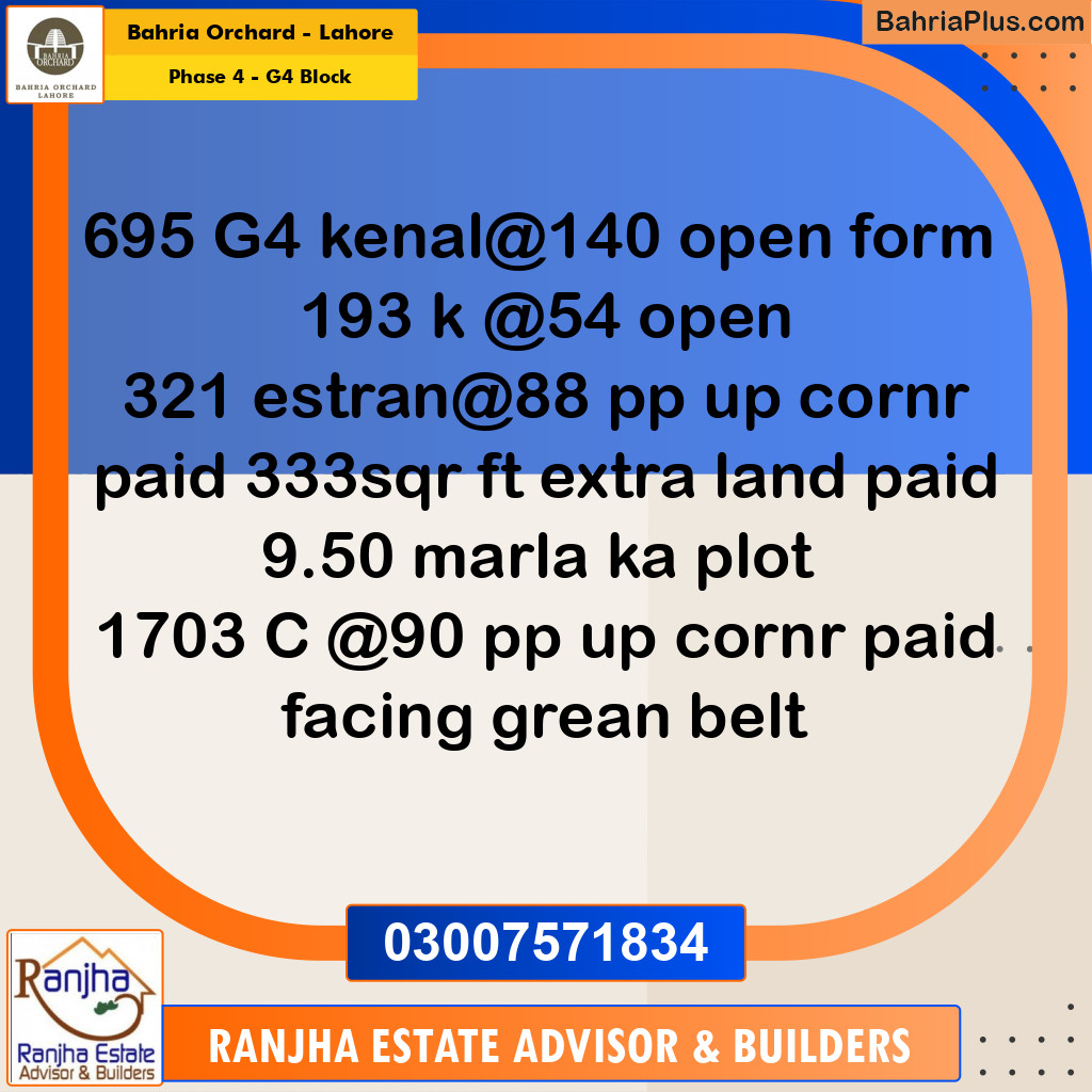 1 Kanal Residential Plot for Sale in Phase 4 - G4 Block -  Bahria Orchard, Lahore - (BP-266004)