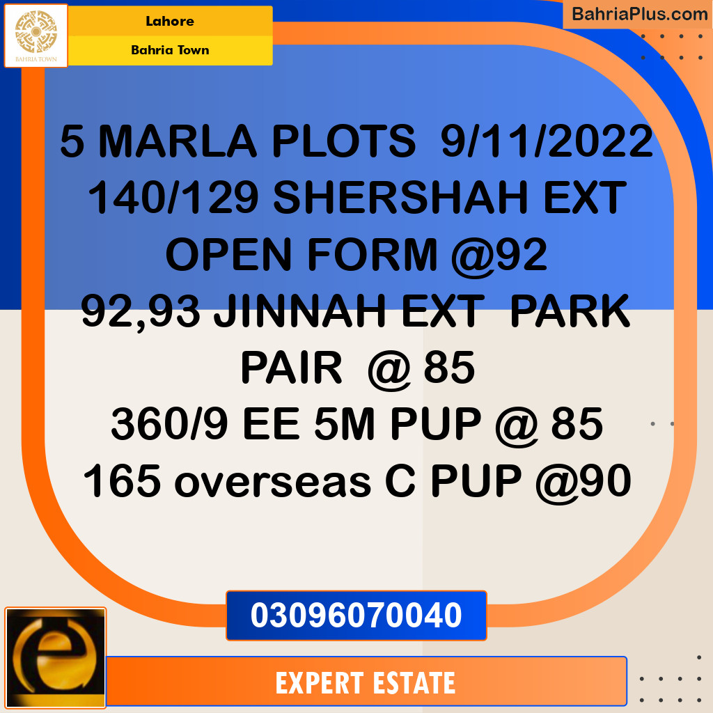 5 Marla Residential Plot for Sale in Bahria Town, Lahore - (BP-266041)