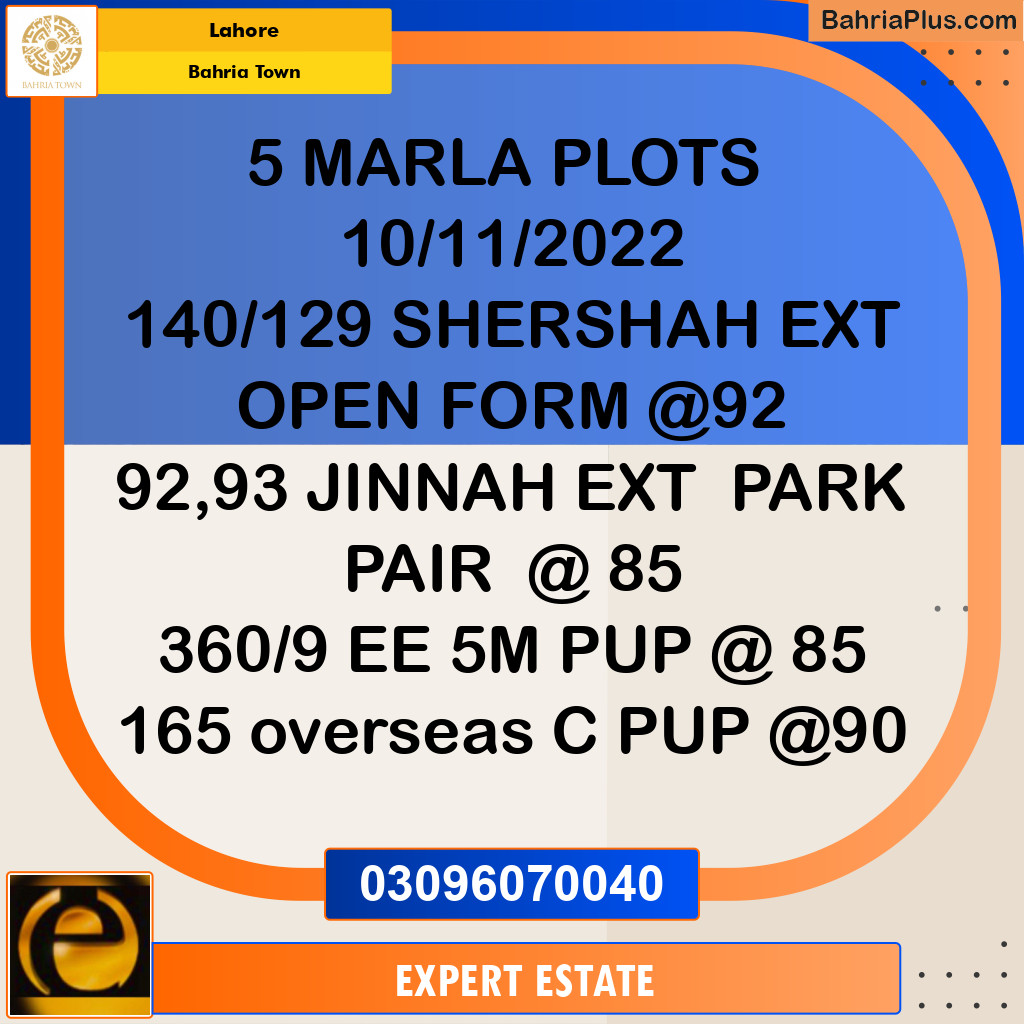 5 Marla Residential Plot for Sale in Bahria Town, Lahore - (BP-266171)