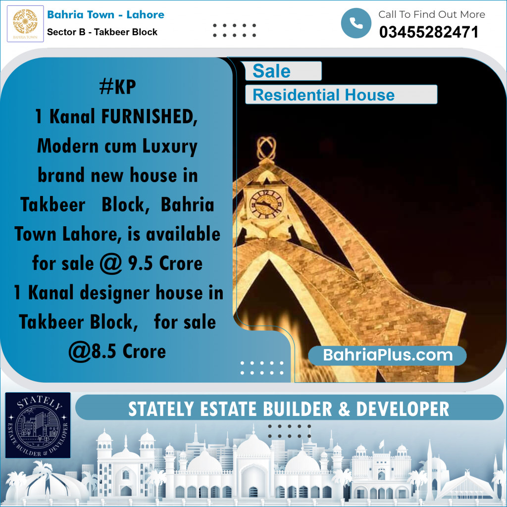 1 Kanal Residential House for Sale in Sector B - Takbeer Block -  Bahria Town, Lahore - (BP-266432)