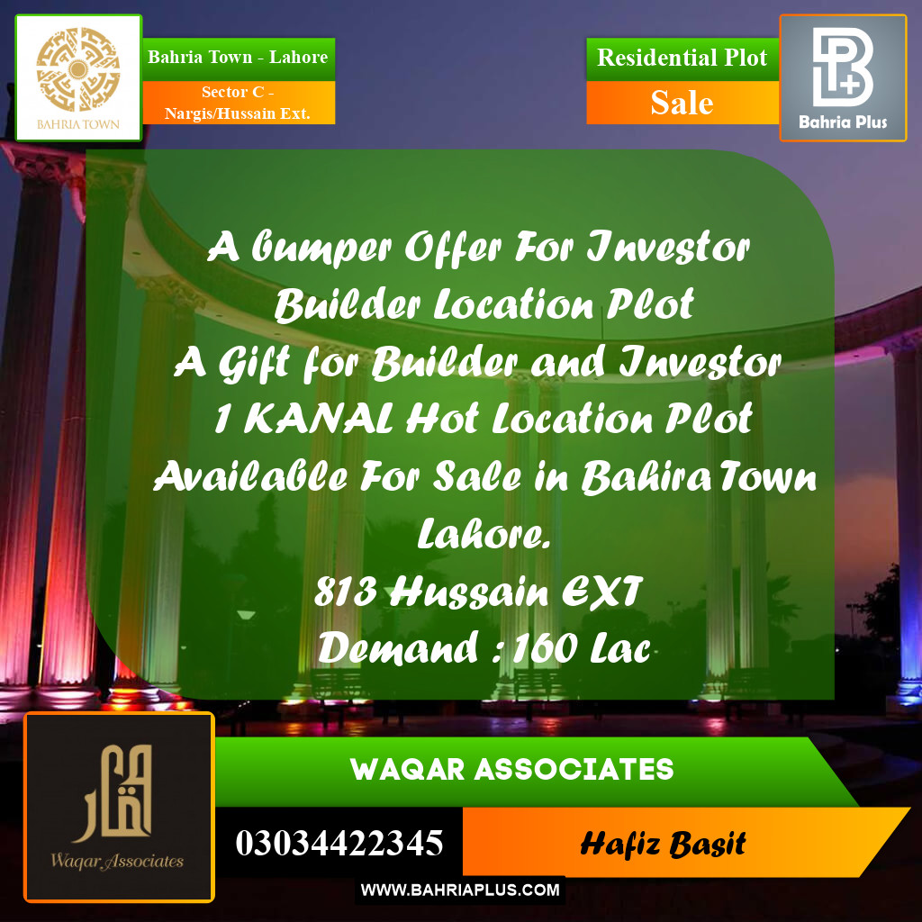 1 Kanal Residential Plot for Sale in Sector C - Nargis/Hussain Ext. -  Bahria Town, Lahore - (BP-266433)