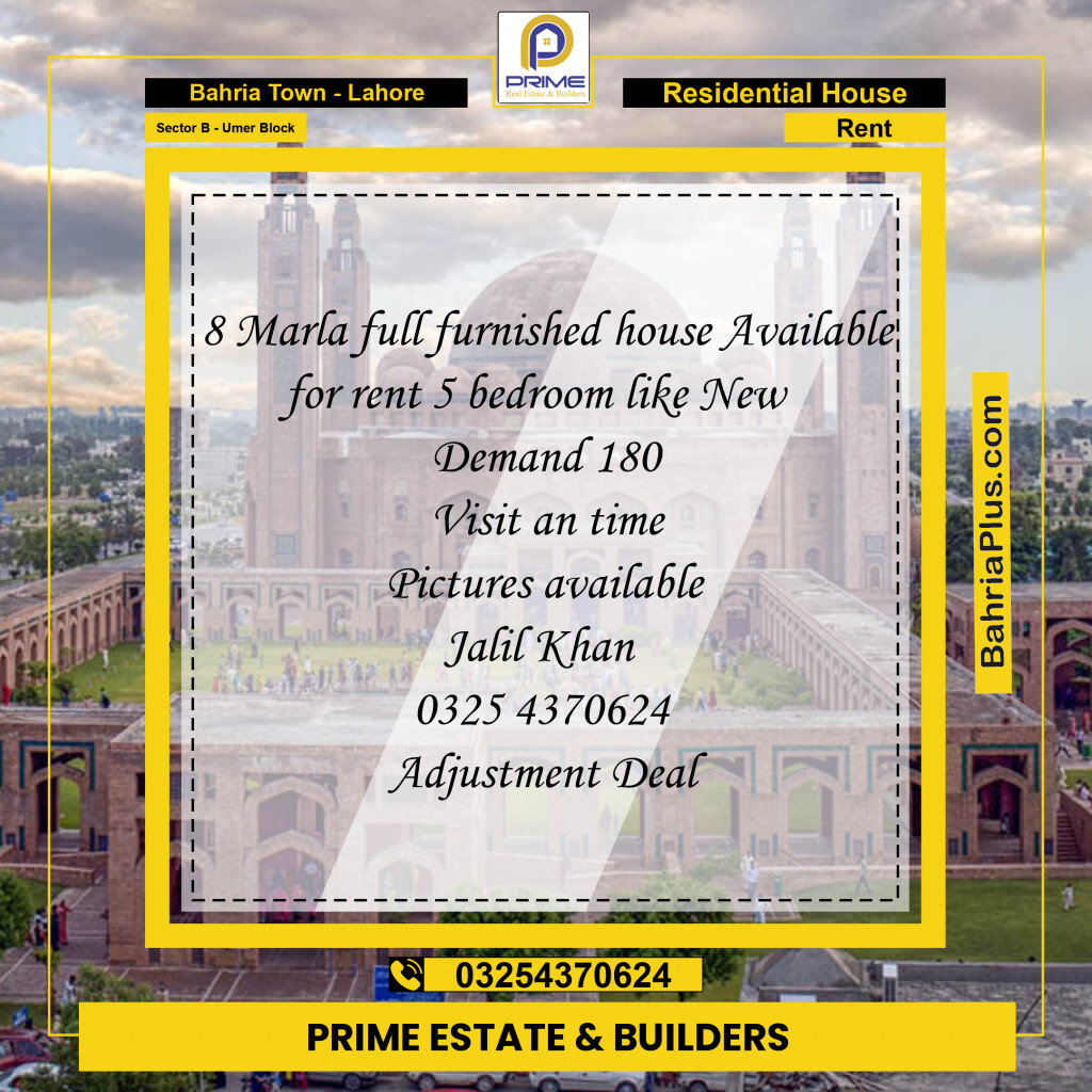 8 Marla Residential House for Rent in Sector B - Umer Block -  Bahria Town, Lahore - (BP-266487)