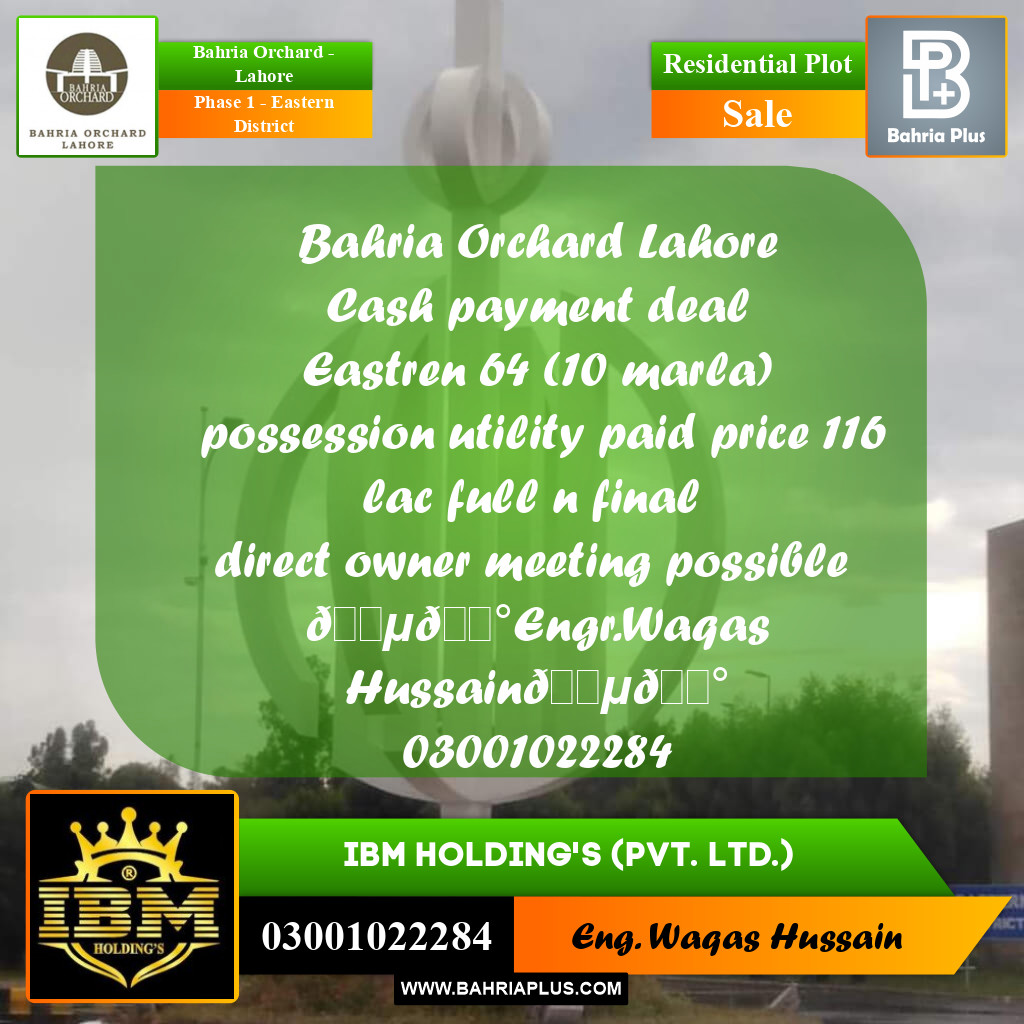 8 Marla Residential Plot for Sale in Phase 1 - Eastern District -  Bahria Orchard, Lahore - (BP-266492)