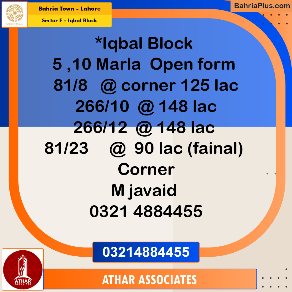 Residential Plot for Sale in Sector E - Iqbal Block -  Bahria Town, Lahore - (BP-266559)