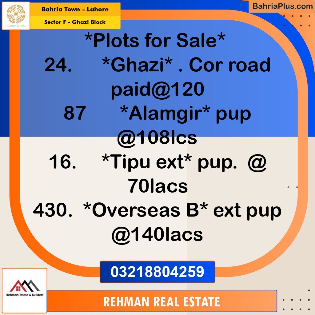 10 Marla Residential Plot for Sale in Sector F - Ghazi Block -  Bahria Town, Lahore - (BP-266633)