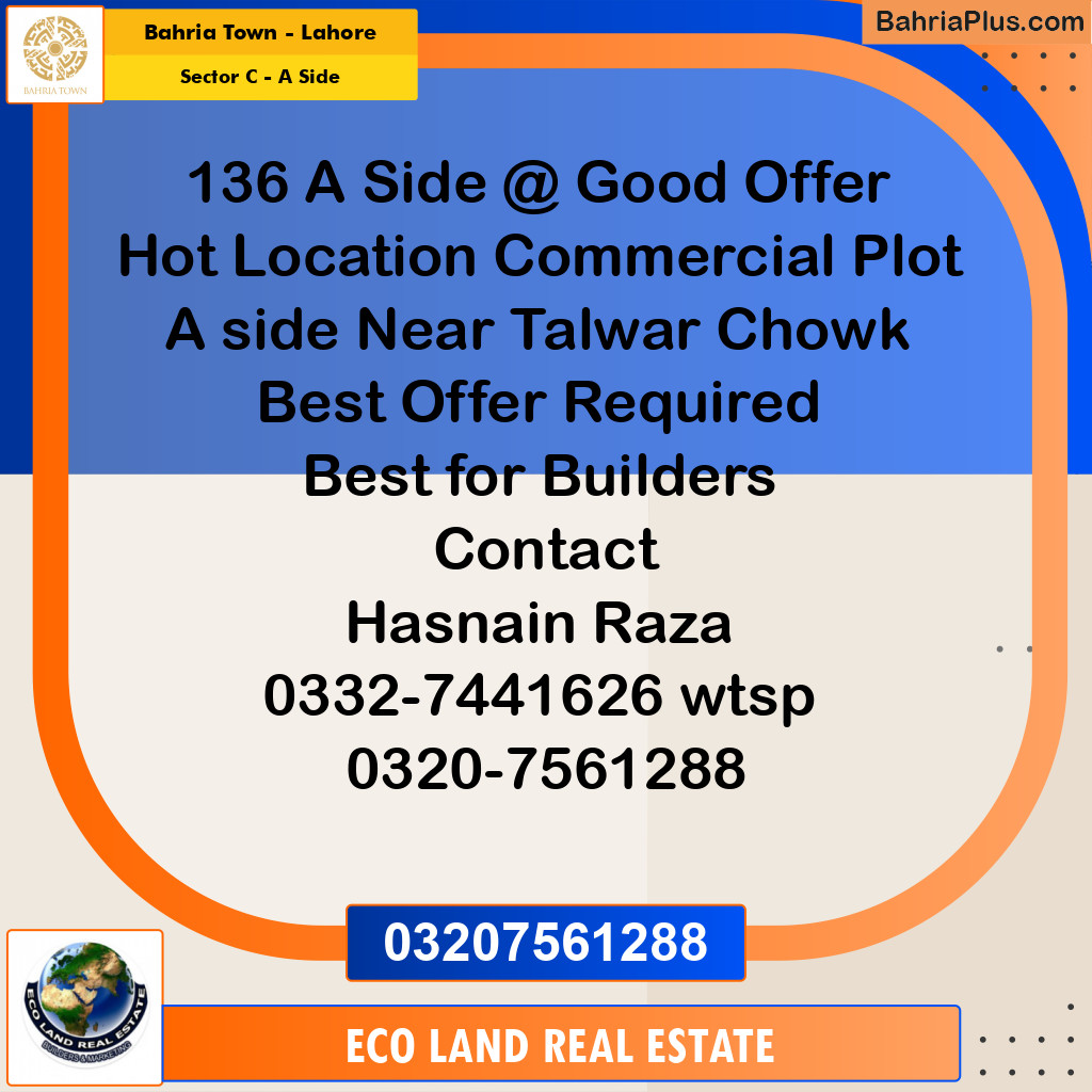 5 Marla Commercial Plot for Sale in Sector C - A Side -  Bahria Town, Lahore - (BP-266642)