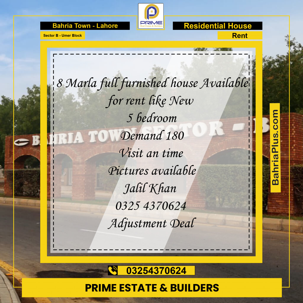 8 Marla Residential House for Rent in Sector B - Umer Block -  Bahria Town, Lahore - (BP-266781)