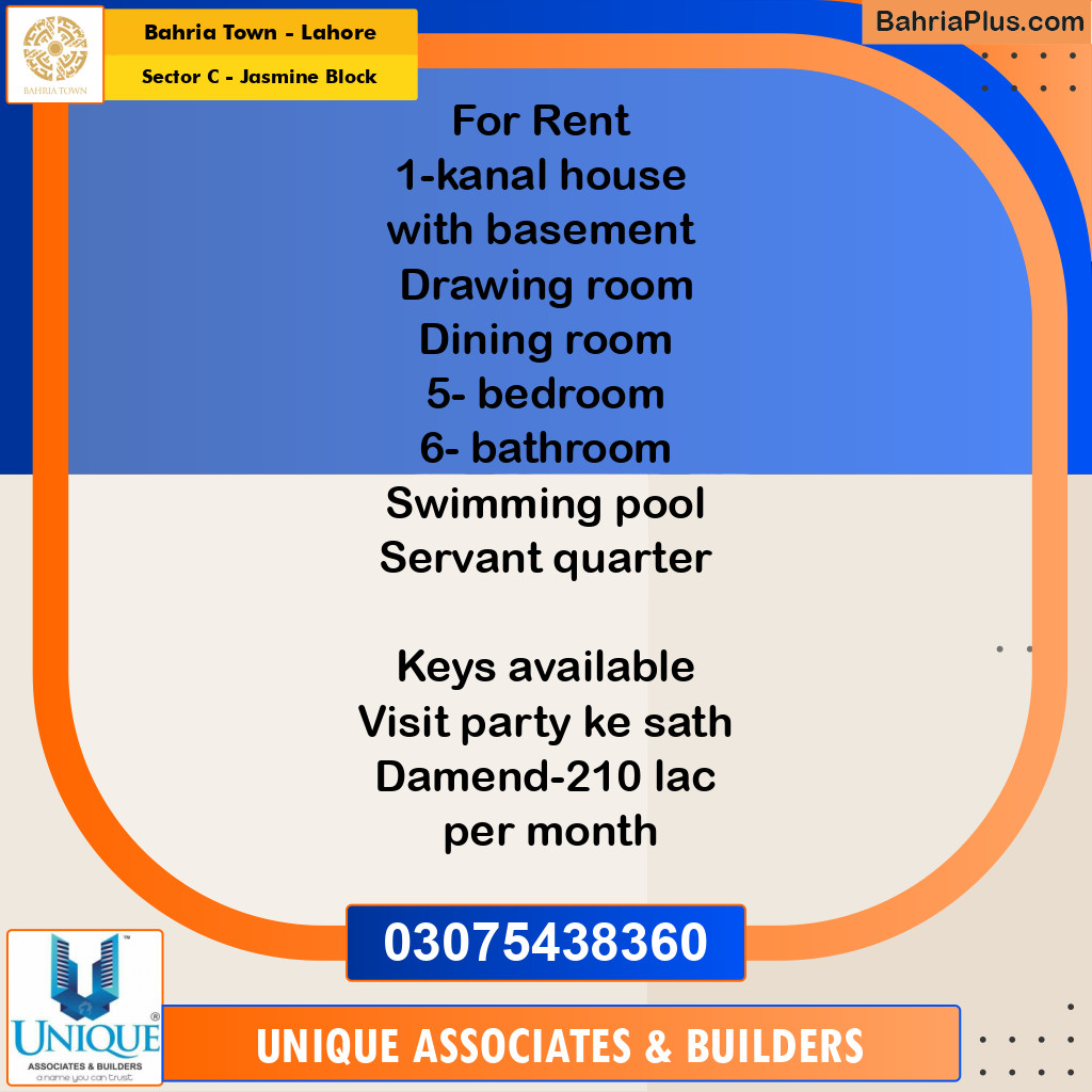 1 Kanal Residential House for Rent in Sector C - Jasmine Block -  Bahria Town, Lahore - (BP-266878)