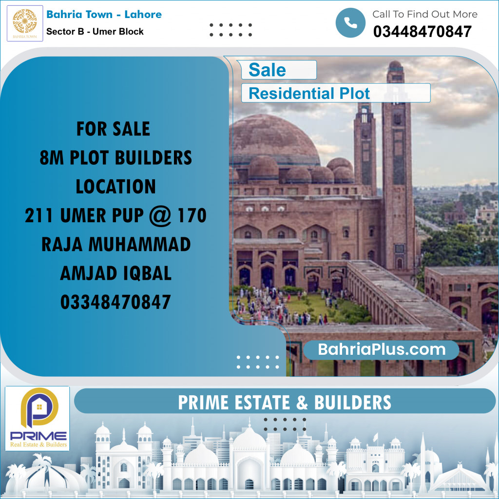 8 Marla Residential Plot for Sale in Sector B - Umer Block -  Bahria Town, Lahore - (BP-266887)