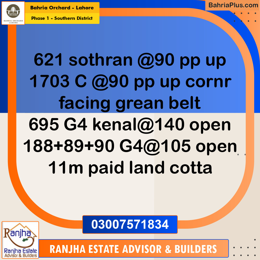 8 Marla Residential Plot for Sale in Phase 1 - Southern District -  Bahria Orchard, Lahore - (BP-266900)