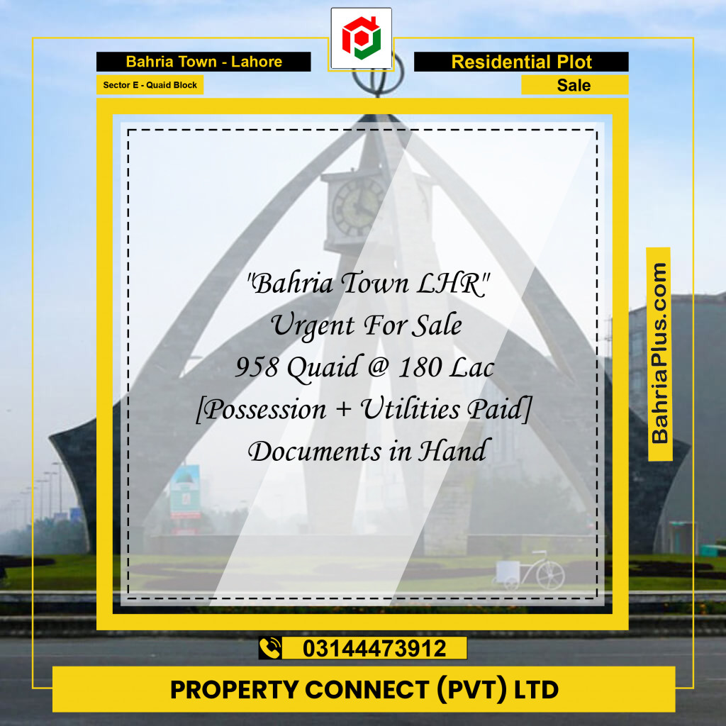 10 Marla Residential Plot for Sale in Sector E - Quaid Block -  Bahria Town, Lahore - (BP-266967)