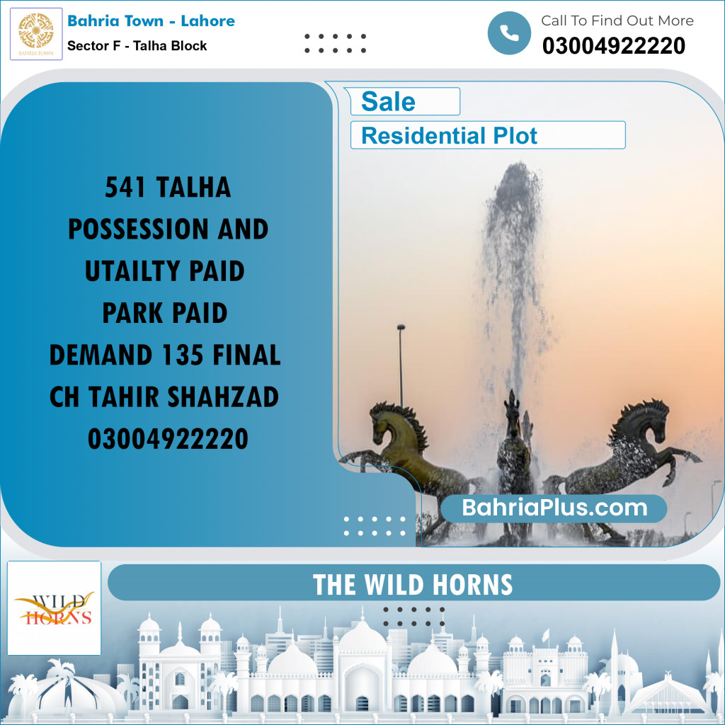 10 Marla Residential Plot for Sale in Sector F - Talha Block -  Bahria Town, Lahore - (BP-267311)