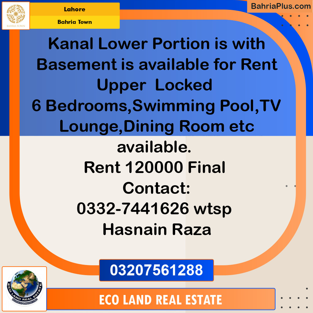 1 Kanal Residential House for Rent in Bahria Town, Lahore - (BP-267334)