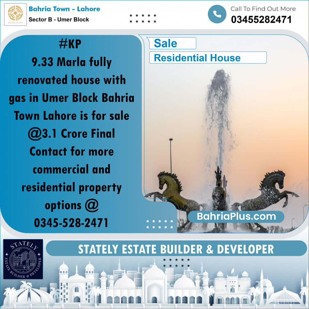 9 Marla Residential House for Sale in Sector B - Umer Block -  Bahria Town, Lahore - (BP-267422)