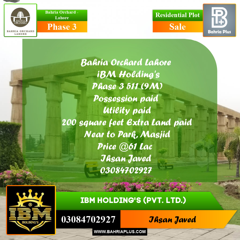 9 Marla Residential Plot for Sale in Phase 3 -  Bahria Orchard, Lahore - (BP-267426)