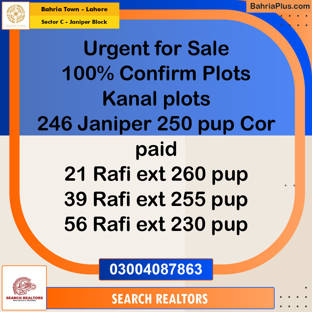 1 Kanal Residential Plot for Sale in Sector C - Janiper Block -  Bahria Town, Lahore - (BP-267446)