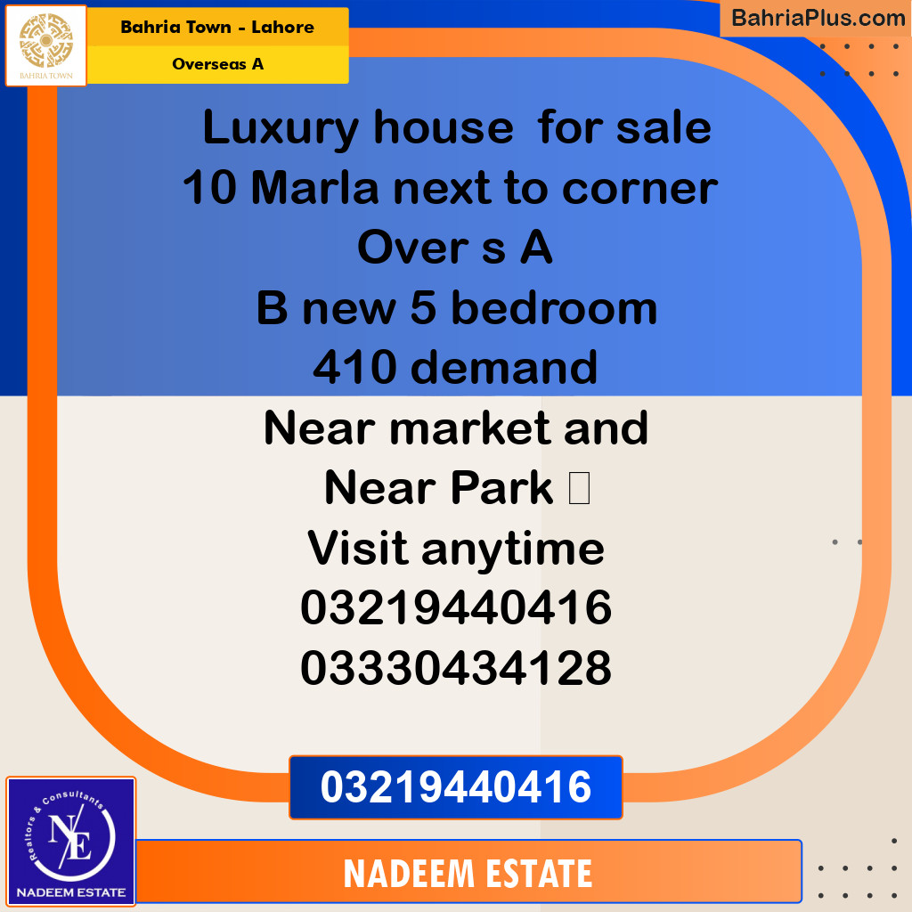 Residential House for Sale in Overseas A -  Bahria Town, Lahore - (BP-267580)