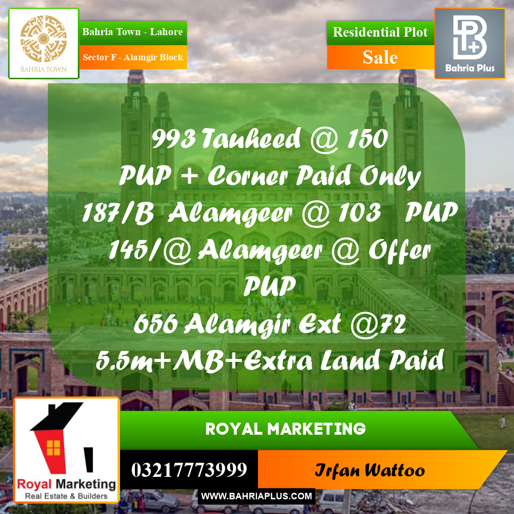 10 Marla Residential Plot for Sale in Sector F - Alamgir Block -  Bahria Town, Lahore - (BP-267609)