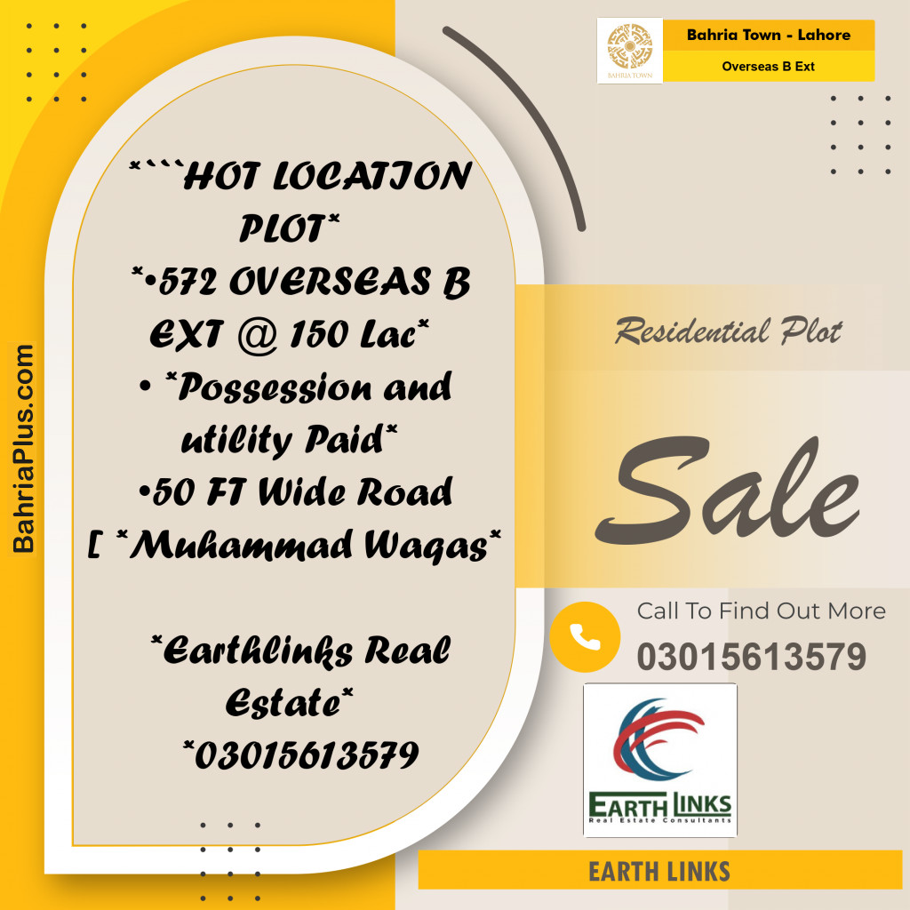 10 Marla Residential Plot for Sale in Overseas B Ext -  Bahria Town, Lahore - (BP-267711)