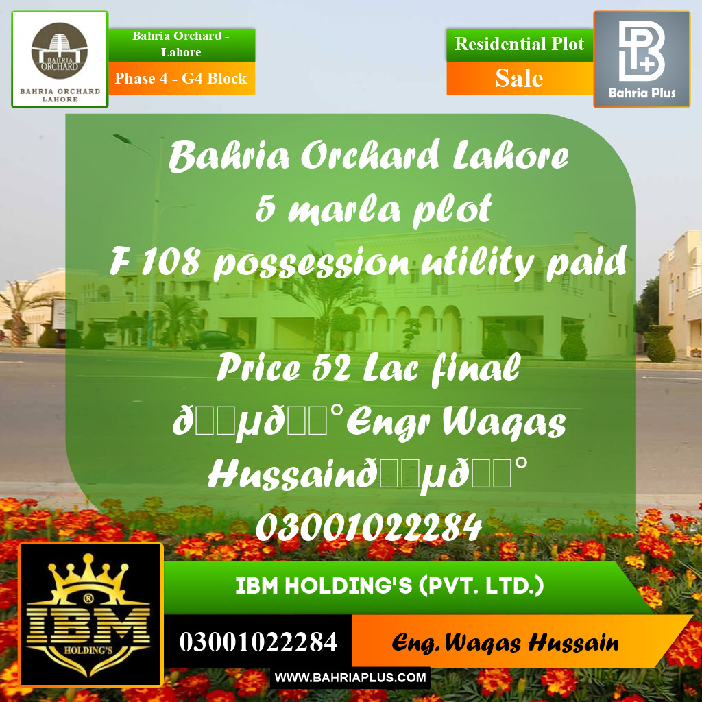 10 Marla Residential Plot for Sale in Phase 4 - G4 Block -  Bahria Orchard, Lahore - (BP-267750)