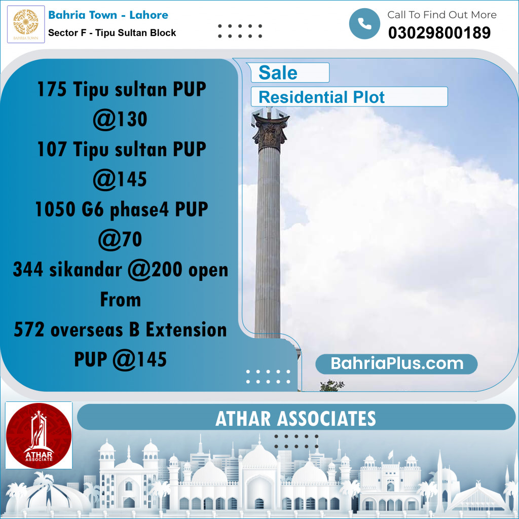 10 Marla Residential Plot for Sale in Sector F - Tipu Sultan Block -  Bahria Town, Lahore - (BP-267770)