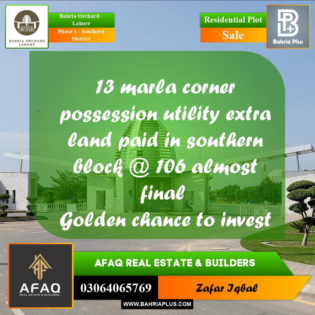13 Marla Residential Plot for Sale in Phase 1 - Southern District -  Bahria Orchard, Lahore - (BP-267800)