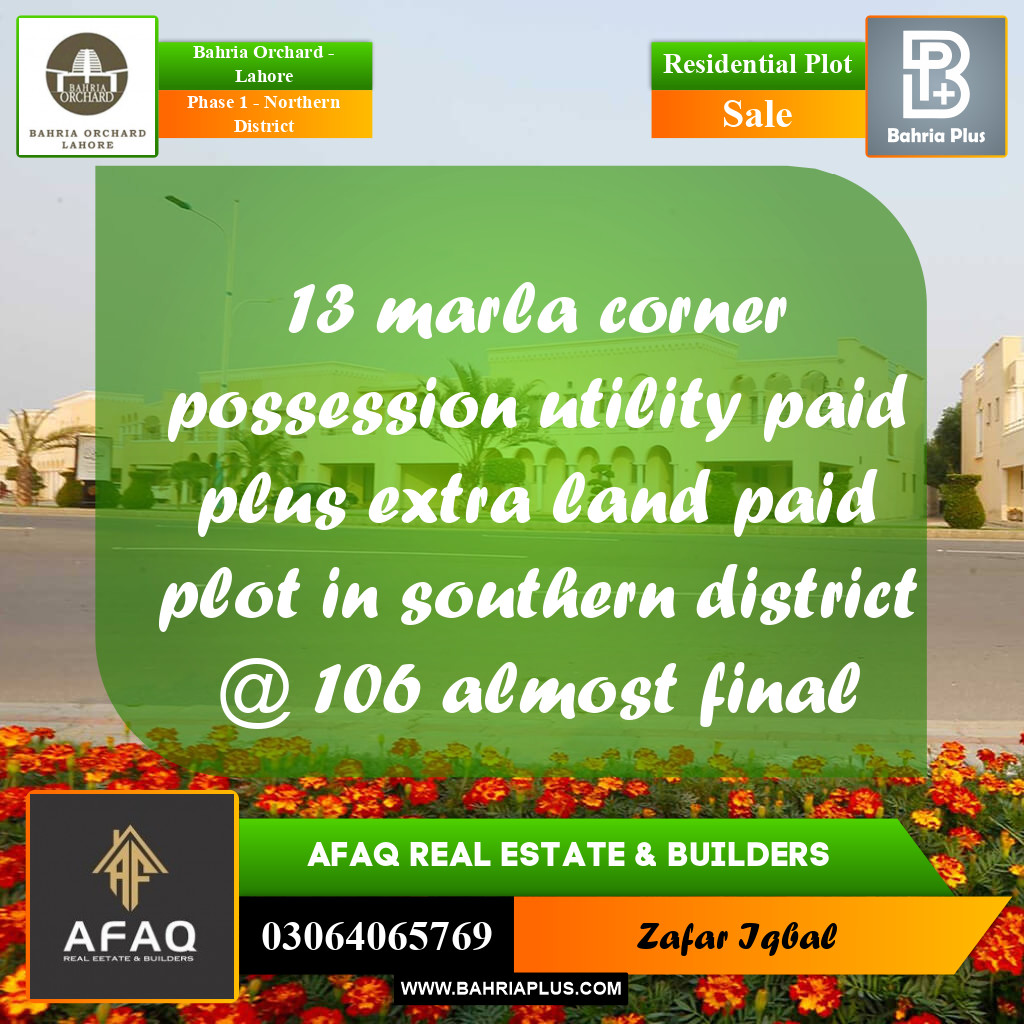 13 Marla Residential Plot for Sale in Phase 1 - Northern District -  Bahria Orchard, Lahore - (BP-267802)