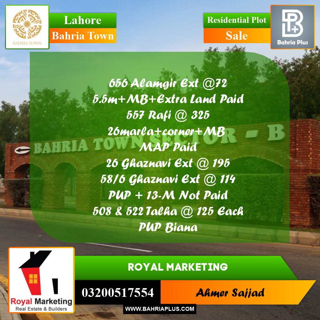 Residential Plot for Sale in Bahria Town, Lahore - (BP-267833)