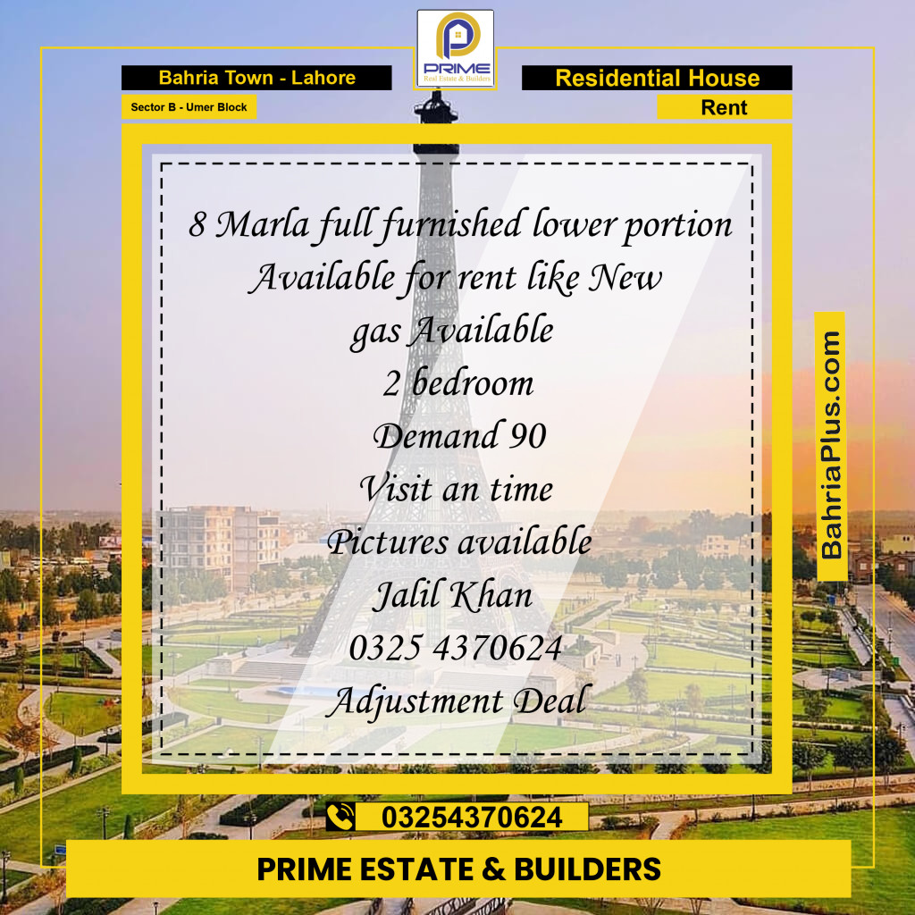 8 Marla Residential House for Rent in Sector B - Umer Block -  Bahria Town, Lahore - (BP-267994)