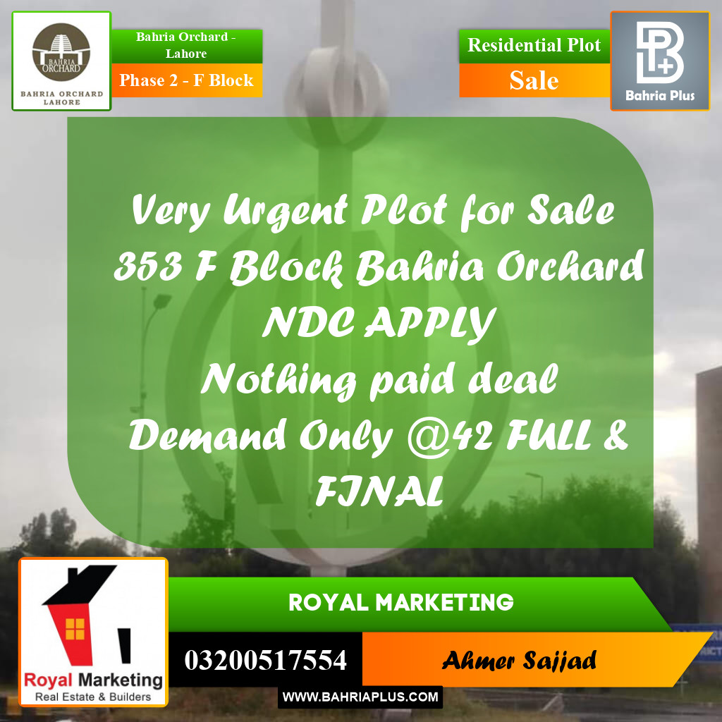 5 Marla Residential Plot for Sale in Phase 2 - F Block -  Bahria Orchard, Lahore - (BP-268102)