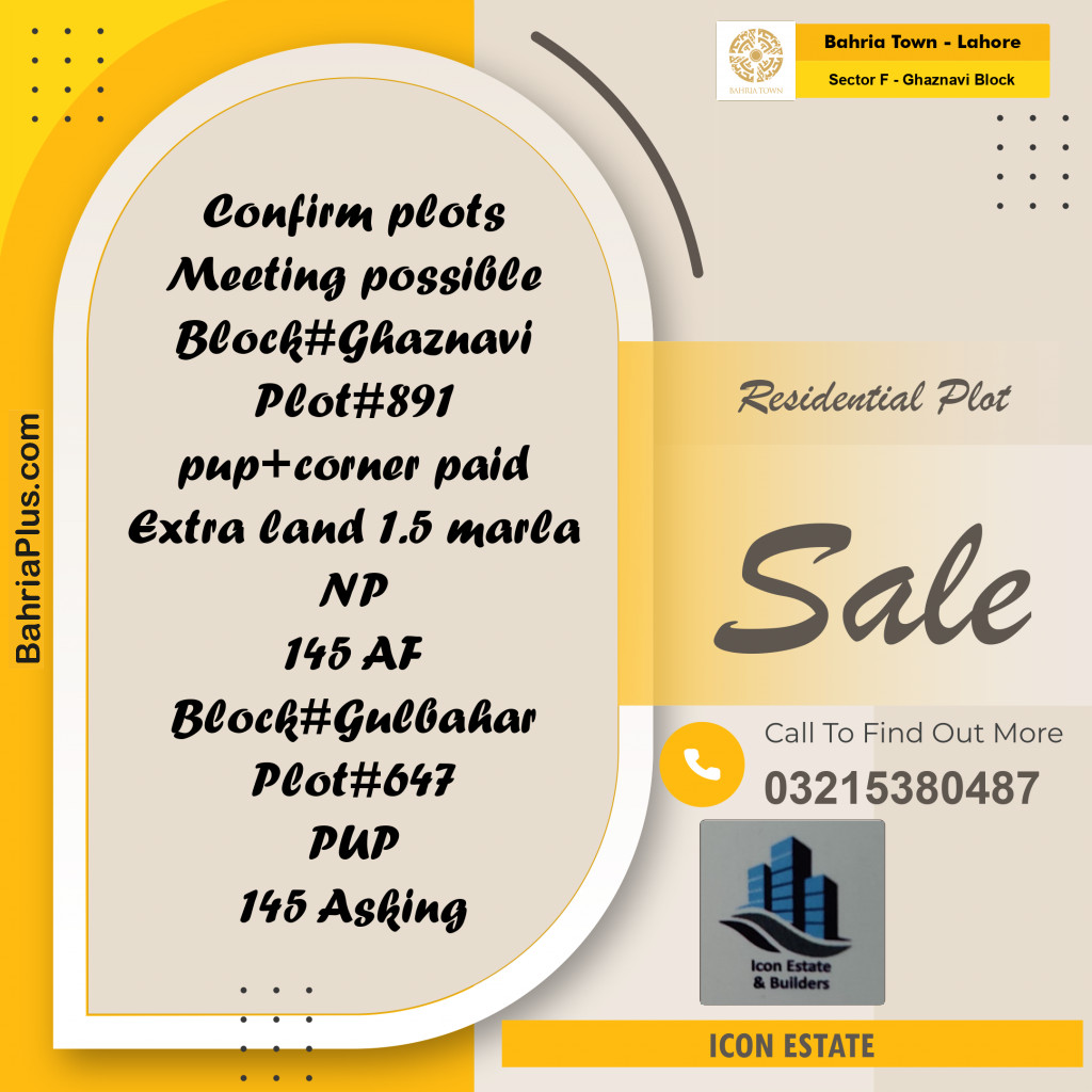 10 Marla Residential Plot for Sale in Sector F - Ghaznavi Block -  Bahria Town, Lahore - (BP-268169)