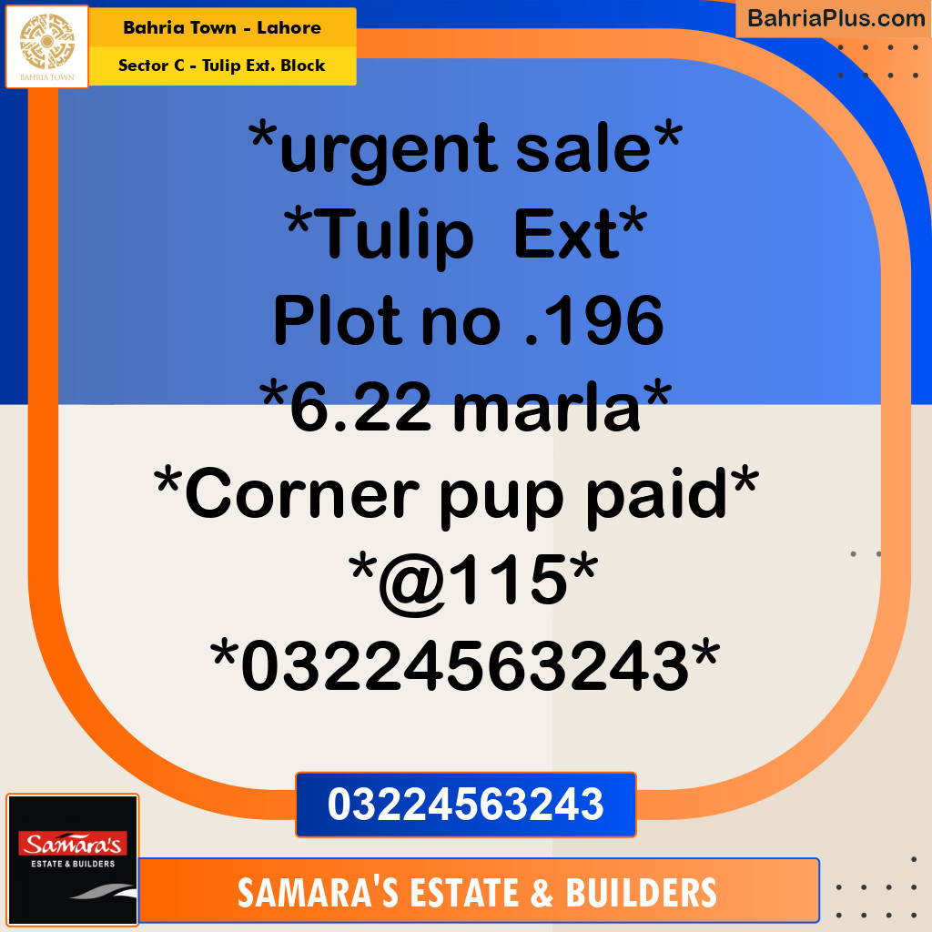 6 Marla Residential Plot for Sale in Sector C - Tulip Ext. Block -  Bahria Town, Lahore - (BP-268186)