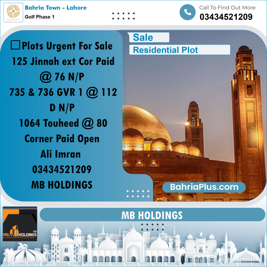 10 Marla Residential Plot for Sale in Golf Phase 1 -  Bahria Town, Lahore - (BP-268204)