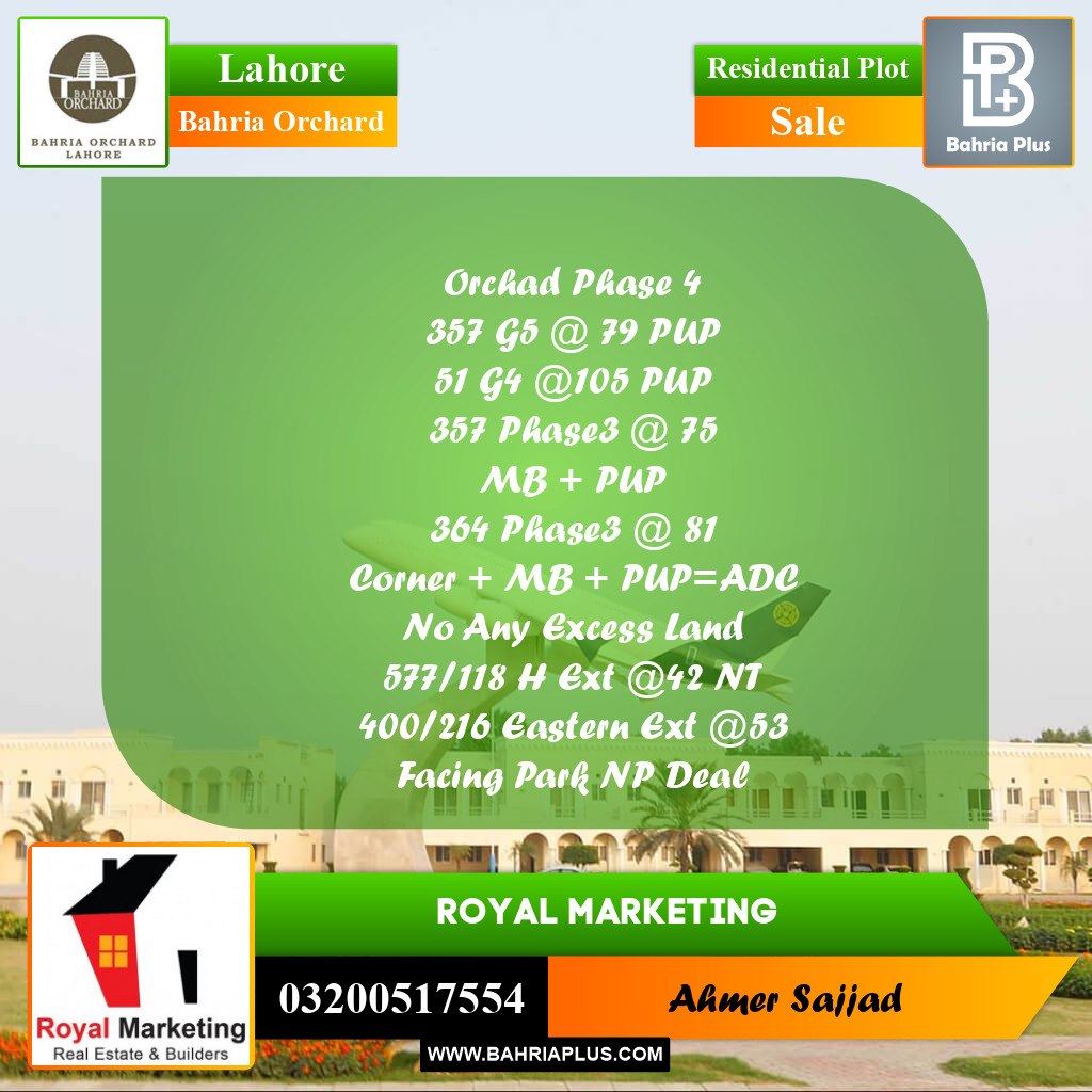 Residential Plot for Sale in Bahria Orchard, Lahore - (BP-268214)