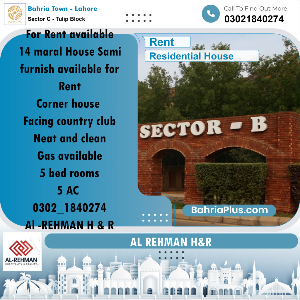 14 Marla Residential House for Rent in Sector C - Tulip Block -  Bahria Town, Lahore - (BP-268243)