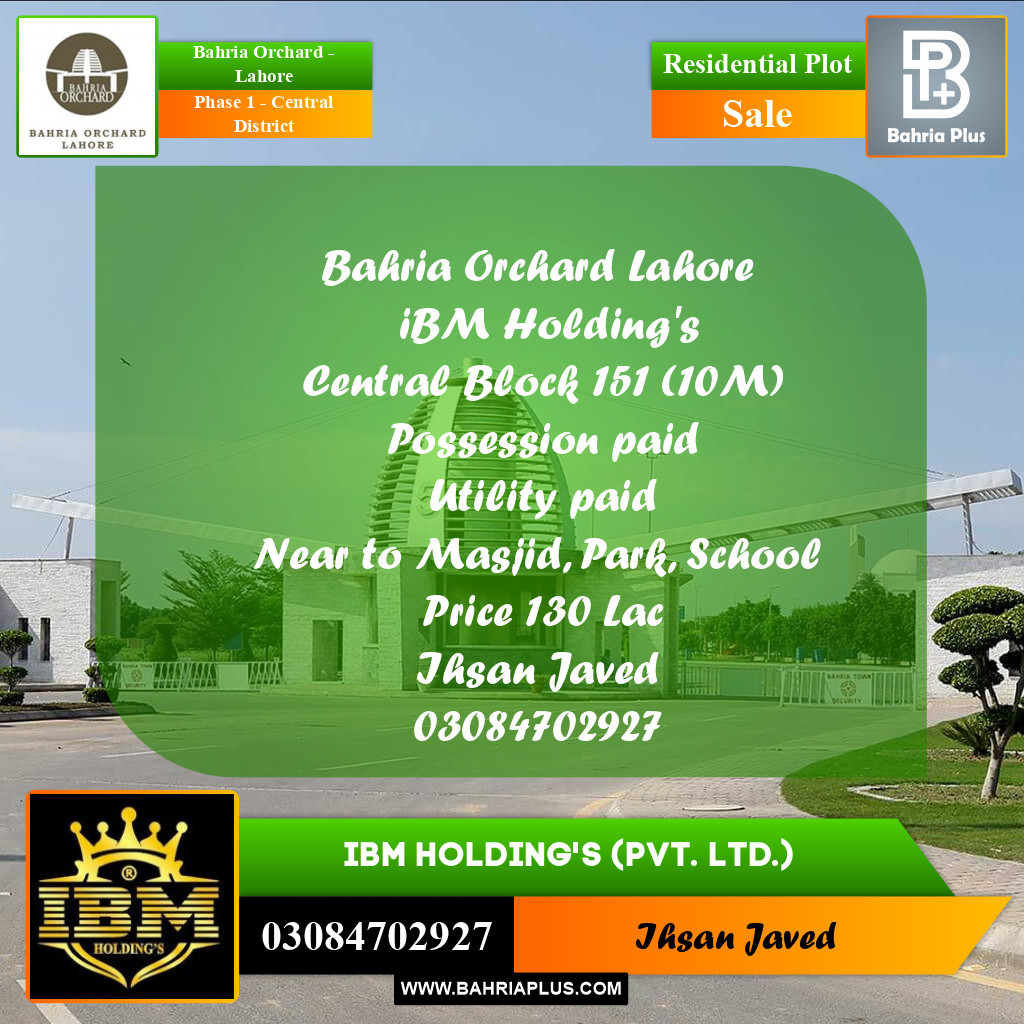 10 Marla Residential Plot for Sale in Phase 1 - Central District -  Bahria Orchard, Lahore - (BP-268258)