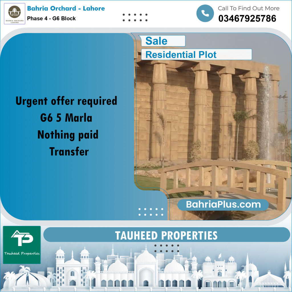 5 Marla Residential Plot for Sale in Phase 4 - G6 Block -  Bahria Orchard, Lahore - (BP-268282)